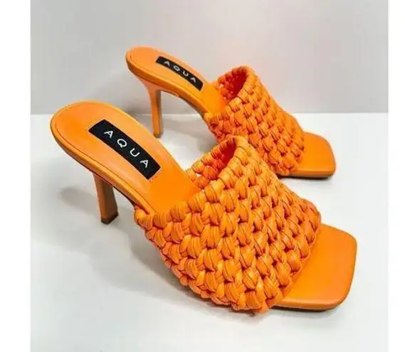 AQUA  Woven Sandals Womens Size 7.5 Orange Slip On High Heel Square Toe NEW