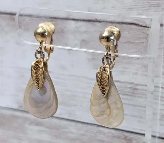 Vintage Clip On Earrings Teardrop Shape Mother of Pearl? Dangle