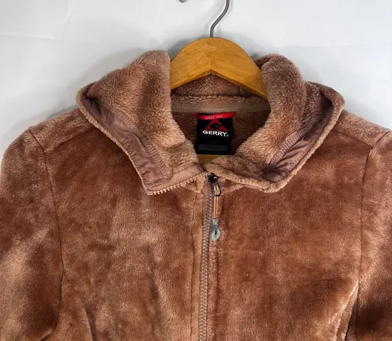 Gerry Brown Fuzzy Hooded Full Zip Sweater Jacket Zip Pockets Size Small