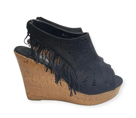 Olivia Miller š Fringe Peep Toe Cutout Cork Wedge Sandals š Black Microsuede š