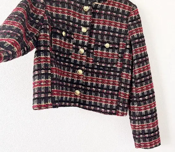 House Of Harlow 1960 Tweed Cropped Gold Button Blazer in Red & Black Size M