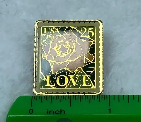 JG &A USPS 25 Cents Yellow Rose Postage Stamp Pin Back Enamel on Gold Tone Metal