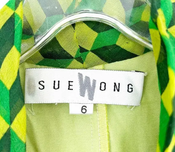 Sue Wong Vintage Y2K Lime Green Printed Sleeveless Dress Sz 6