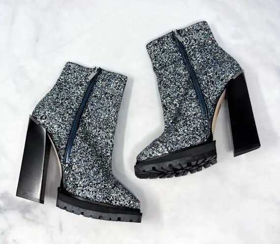 Jimmy Choo NEW Madra 130 Chunky Glitter Platform Block Heeled Ankle Boots Blue - Image 4