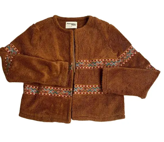 Savanna Jane sz small brown Cozy Fleece Jacket Embroidered Trim Open Front Women