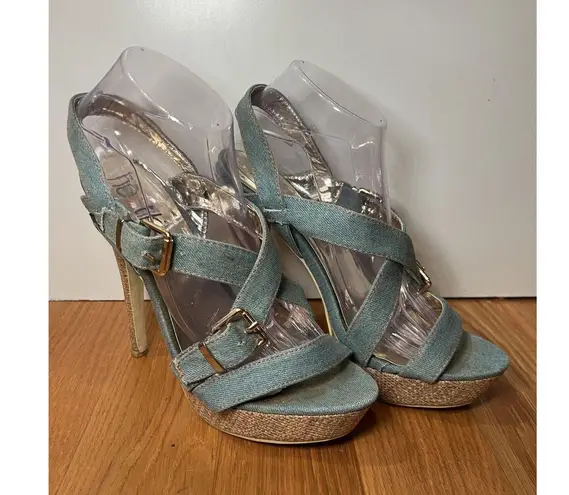 Heckik Shoes Womens Size 8.5 Blue Denim Cross Strap Platform High Heel Sandals