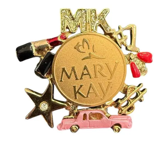 Mary Kay Brooch Pin Border Pink Cadillac Star Lipstick Dollar Sign Gold Tone