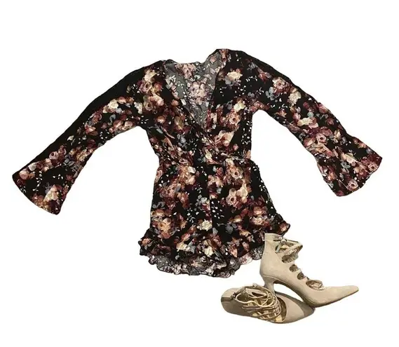 PaperMoon Black Multicolor Floral Lace Detail Scalloped Romper Women Sz S