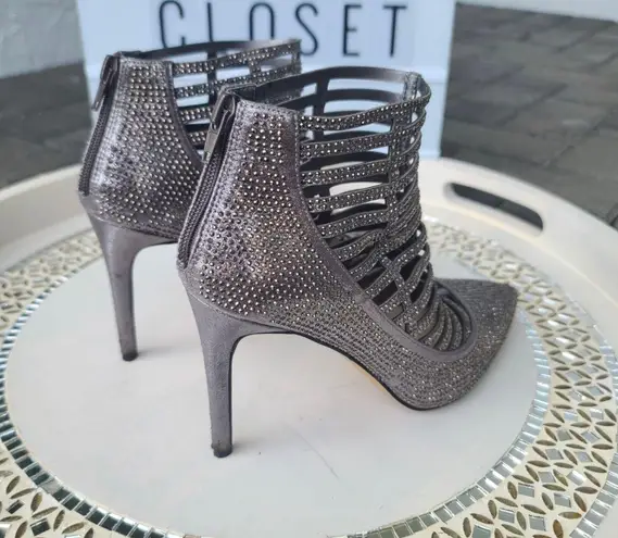 INC Kacela2 Caged pewter/silver rhinestone high heel booties sz 7.5