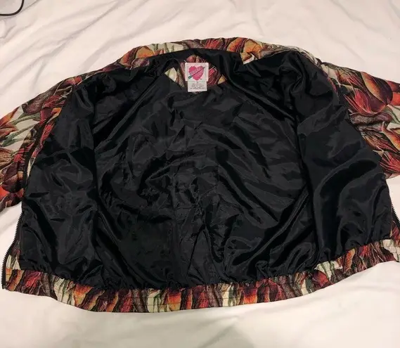 Keren Hart Vintage Silk Track Jacket Small Tulip Print Brown Rust Green Zip Size undefined