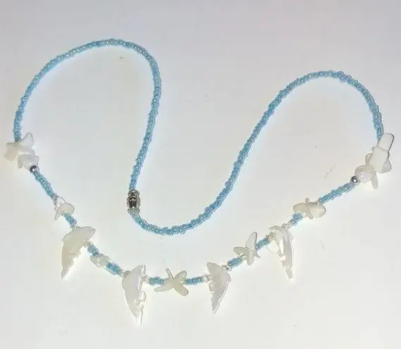 Vintage Blue  Seed Bead Beaded Carved Dolphin Shell Boho Necklace