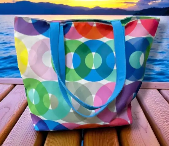 Clinique + Kapitza Tote Bag Travel Beach Shoulder Bag Carry On Circles Blue 16"