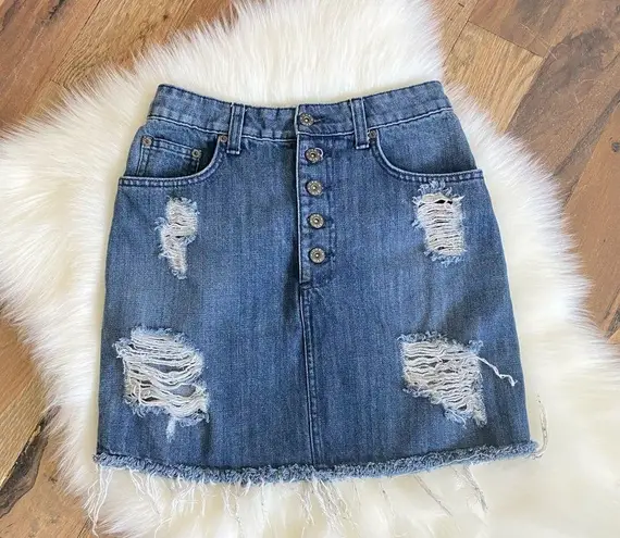 Carmar Ripped Raw Hem Distressed Button Front Denim Skirt Size 26