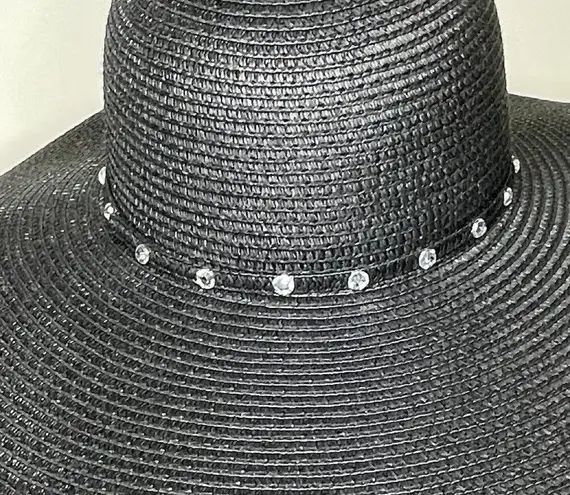 Black Floppy Wide Brim Rhinestone Ribbon Straw Hat Event Occasion Feminine Glam