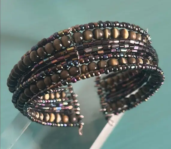 Set 3 Adjustable Wire Cuff Multicolored Glass Hematite Tigers Eye Bead Bracelets Black