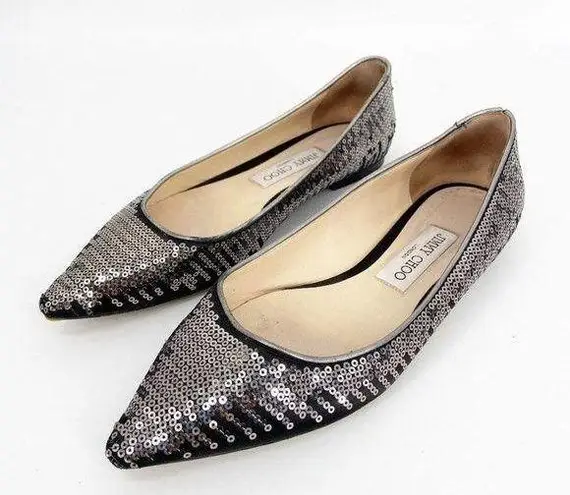 Jimmy Choo Romy Ballet Flats Point Toe Sequin Black Silver