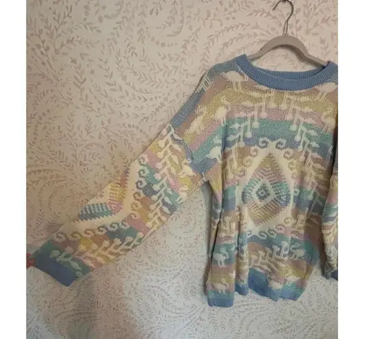80's Vintage Pastel Geometric Lurex Rainbow Knit Sweater Blue Size XL