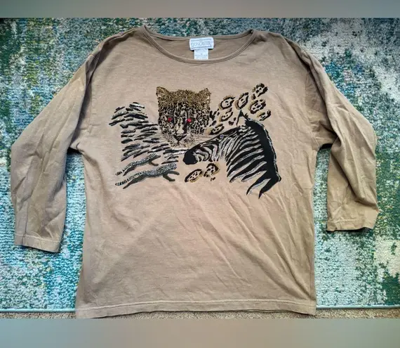 Vintage Doncaster jewel beaded jungle cats cotton shirt, size medium Black