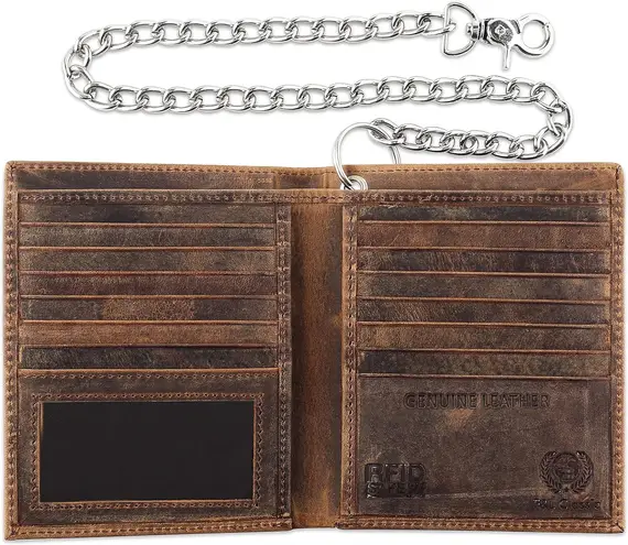 CLASSIC Mens Chain Wallet | RFID Blocking | Buffalo vintage Leather | Bi-Fold Big Hipster |186,buff-chain - Image 2