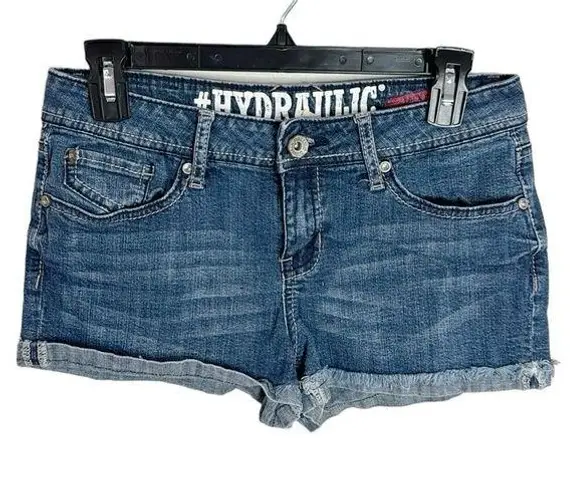 Hydraulic Lola Curvy cuffed fringe hem denim embellished mini shorts sz 9/10
