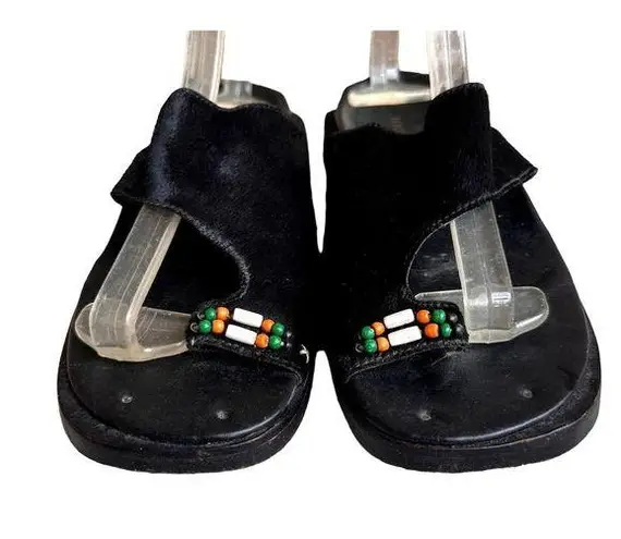 Naked Feet Sandals Flats 8.5 Beaded Toe Loop Black Leather Nubuck Square…