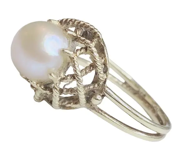10k 10kt Yellow Gold Weave Setting Pearl Ring Sz 5.75