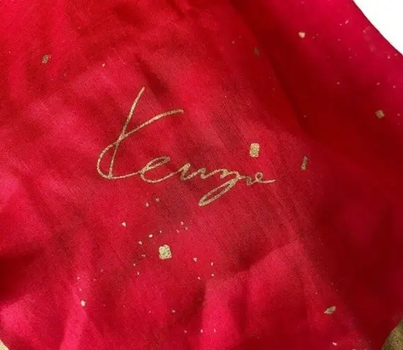 Kenzo Womens 100% Silk Tie Neck Hair Fashion Scarf Bright Red Gold Accent Square