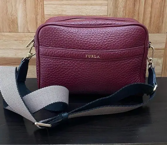 Furla Avril BAPWAVR Burgundy Wine Pebbled Leather Guitar Strap Crossbody Bag
