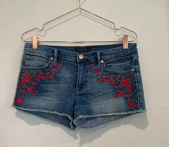 Juicy Couture  denim red floral embroidered shorts.