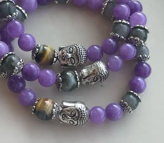 Dream tiger eye Buddha head labradorite kunzite ONE NEW stretch bracelet hand cr Purple