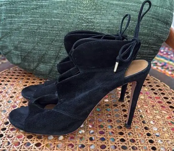 Aquazzura Sexy Thing Black Suede Cut Out Back Tie Open Toe Heels Size 8