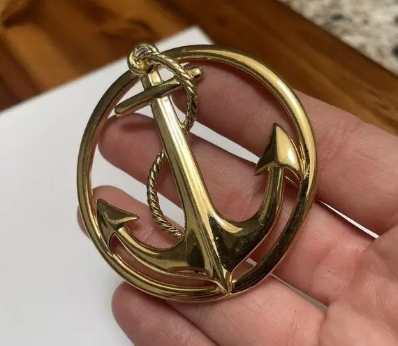 Signed Ship Rope Anchor Pin Brooch Gold Tone Nautical Sailor