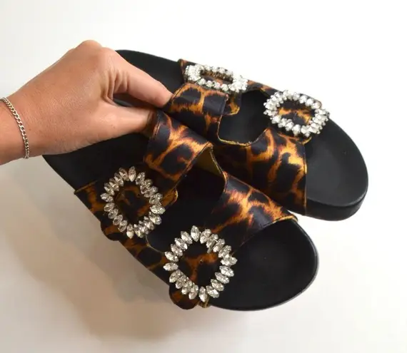 Mystique Boutique Mystique Crystal Jeweled Slide Sandals Cheetah Print Tan Black Women's 7