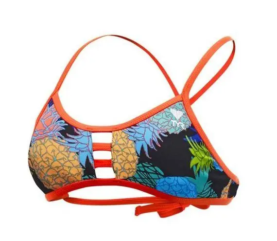 Tyr. Durafast One Pacific Tieback Bikini Swim Top Pineapple Print Black Orange XS