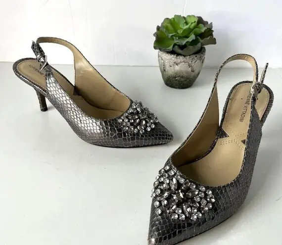 Adrienne Vittadini Surya Slingback Shoes Sz 6M Snake Skin Crystals Pewter Glam