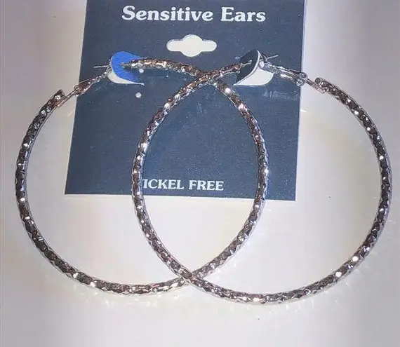 Sensitive Ears Silver Tone Huge Retro Boho Textured Hoop Earrings