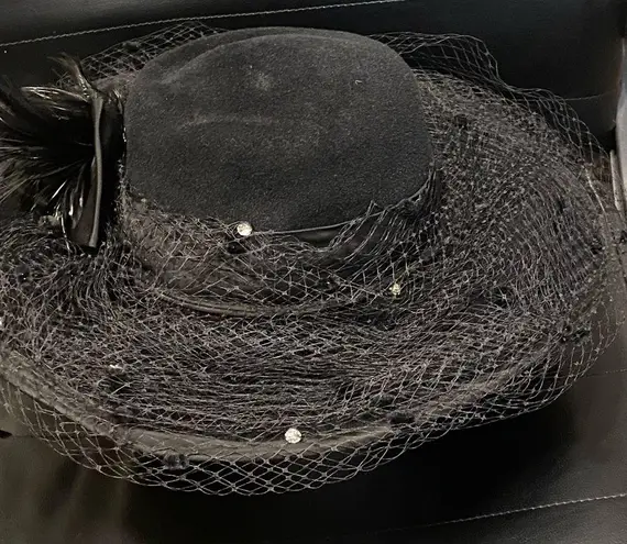 Angiolo Frasconi Wide Brim Black Velour Lace Feather Studded Funeral Hat OSFA