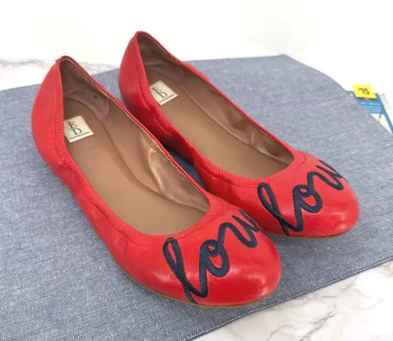 ED Ellen DeGeneres Langston Red Leather 9.5M Ballet Flats Love Embroidery Comfy Size 9.5