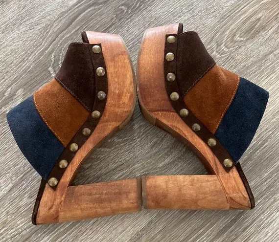 Vintage Y2k wooden clog platform open toe heels leather suede blue brown tan 7.5 Multiple