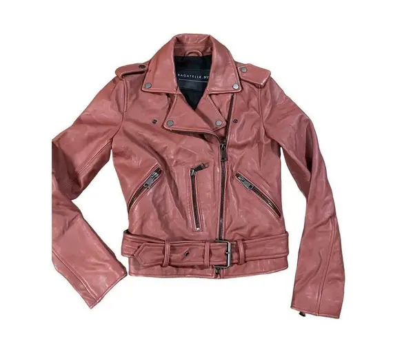 Bagatelle Women's Washed Leather Biker Moto Belted Jacket in Sunset size XS