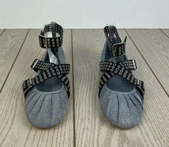 Steve Madden  Bryar Wrap Ankle Strap Flats 10 Denim & Black Faux Leather $90