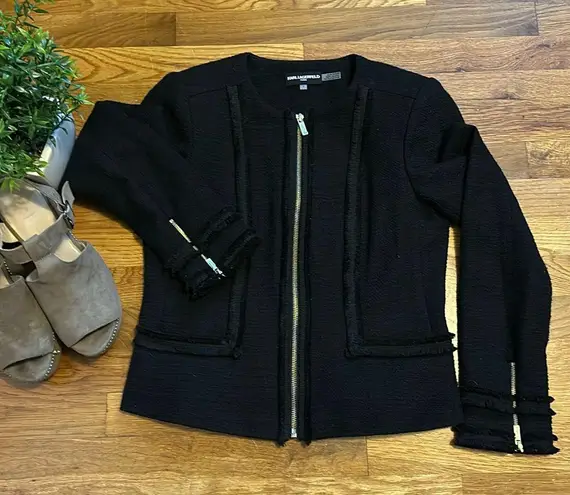 Karl Lagerfeld Paris Women 4 Tweed Black Long Sleeve Jacket Ruffle Fringe Work