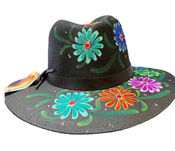 HAT MEXICAN Artisanal Hand Painted Fedora Floral Sombrero Panama Bohemian Black
