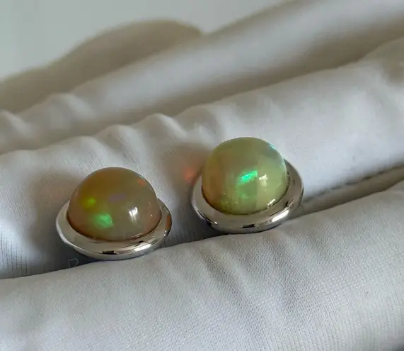 Brand New Natural Opal 9K Solid White Gold Sphere Bezel Settings Earrings/Studs Multiple
