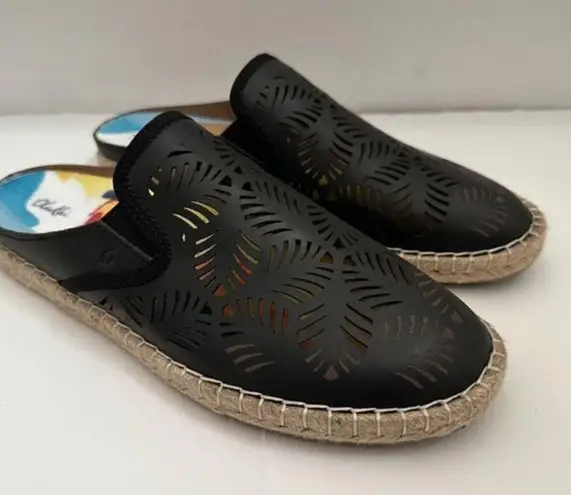 Olukai NEW  Black Kaula 'Olu' Ili Laser Perforated Slip On‎ Espadrille Mules 9.5