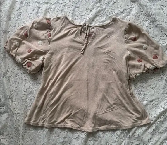 Flower & Feather Feminine Balloon Sleeve Textured Polka Dot Blouse Size S Pink