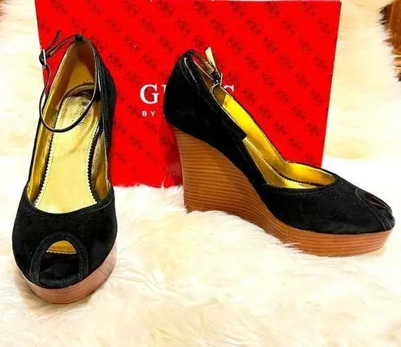 Guess by Marciano Black Suede G-Rice Platform Peep Toe Wedge Sandals Size 8