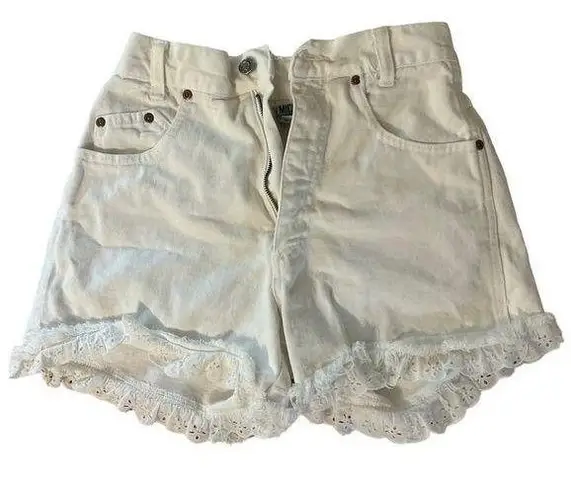 Vintage 90s High Waist Distressed Eyelet Ruffle White Shorts Michael G Size 5