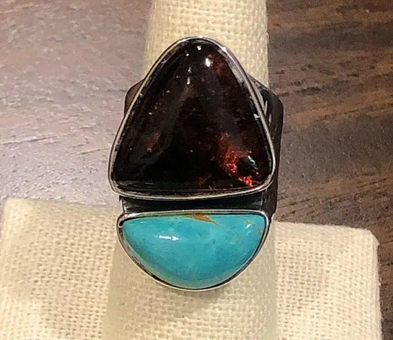 Krass&co JAY KING Desert Rose Trading Turquoise Amber Sterling Silver Ring 8-3/4