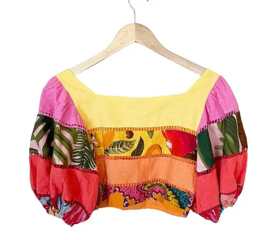 Farm Rio Tiered Top Rainbow Mixed Print Cropped Linen Multicolor Puff Sleeve Sm